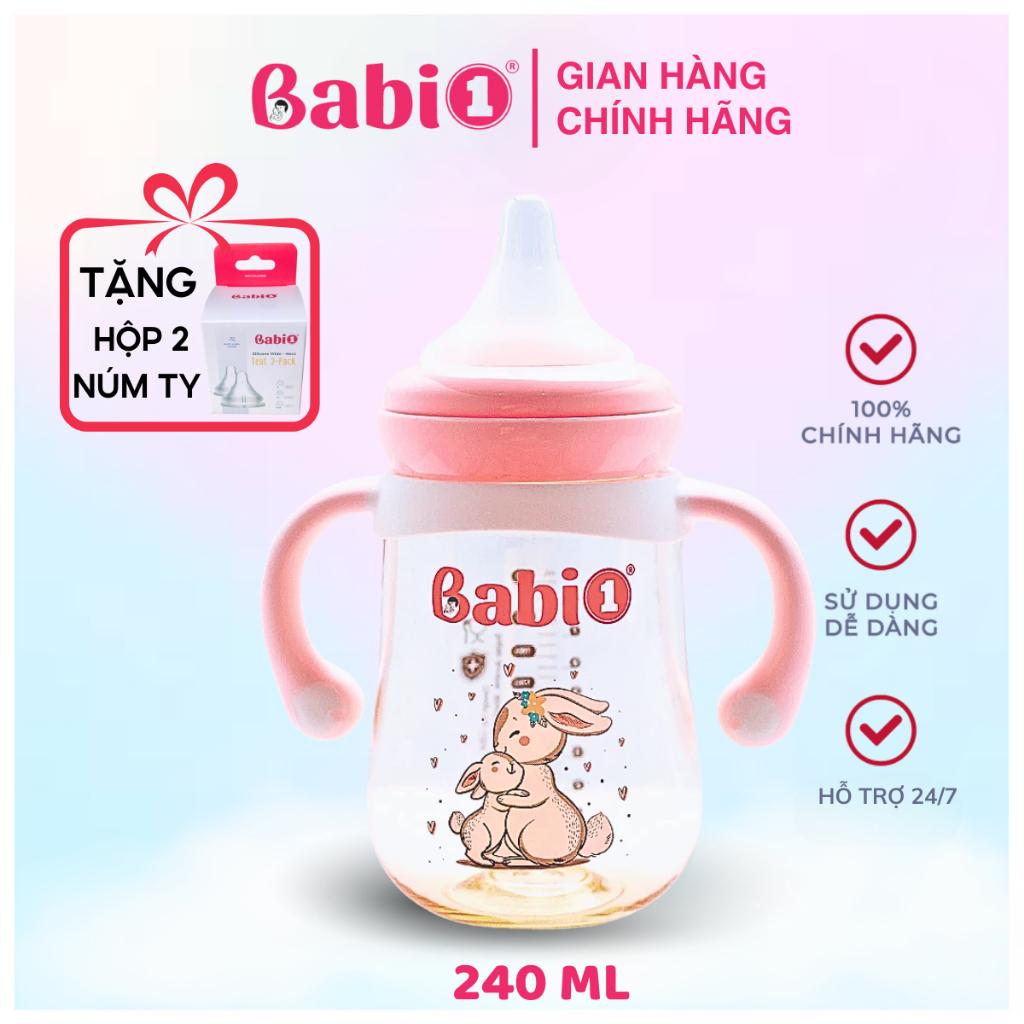 Bình Sữa Cho Bé BABIONE - Bình Sữa PPSU Cổ Rộng Chống Sặc Núm Size L Dung Tích 240ml Có Tay Cầm