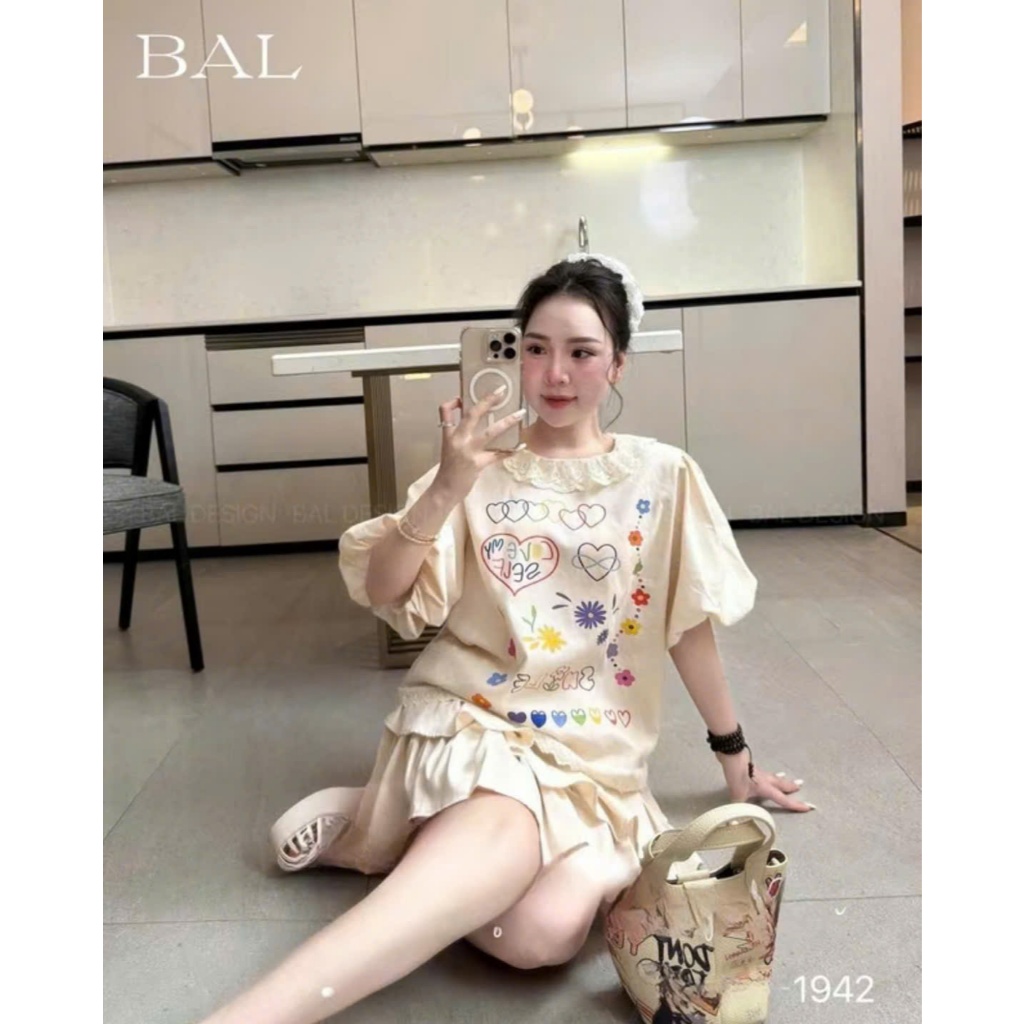 đồ bộ nữ,váy nữ babydoll áo thun bánh bèo viền cổ tay bồng phối chân váy tiểu thư màu be siêu xinh Donna hcom25309