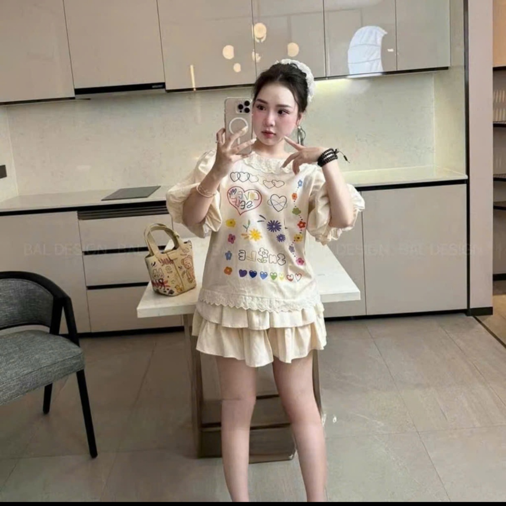 đồ bộ nữ,váy nữ babydoll áo thun bánh bèo viền cổ tay bồng phối chân váy tiểu thư màu be siêu xinh Donna hcom25309