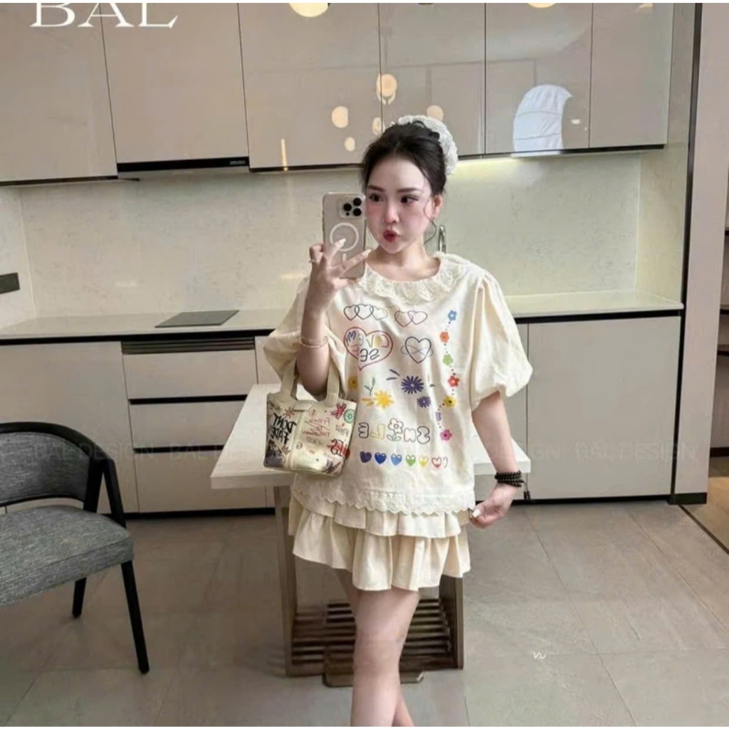 đồ bộ nữ,váy nữ babydoll áo thun bánh bèo viền cổ tay bồng phối chân váy tiểu thư màu be siêu xinh Donna hcom25309