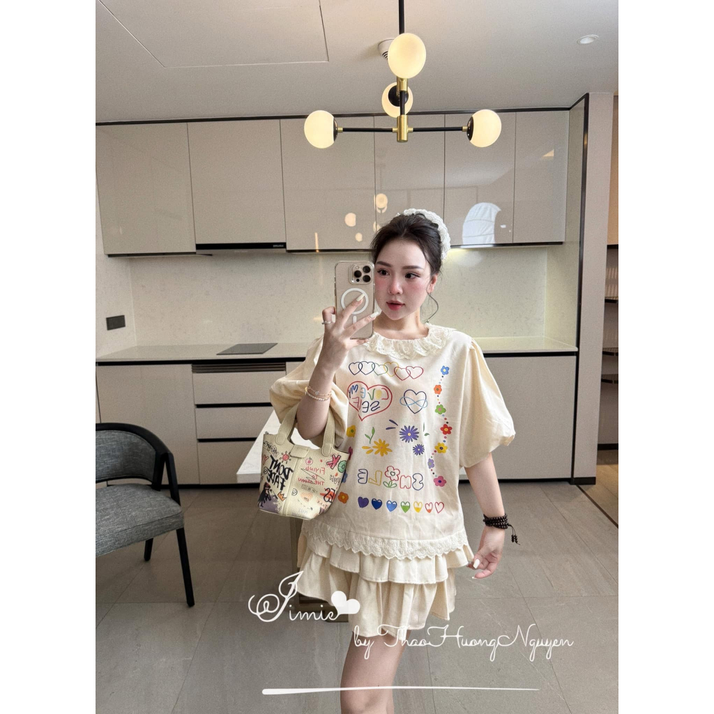 đồ bộ nữ,váy nữ babydoll áo thun bánh bèo viền cổ tay bồng phối chân váy tiểu thư màu be siêu xinh Donna hcom25309