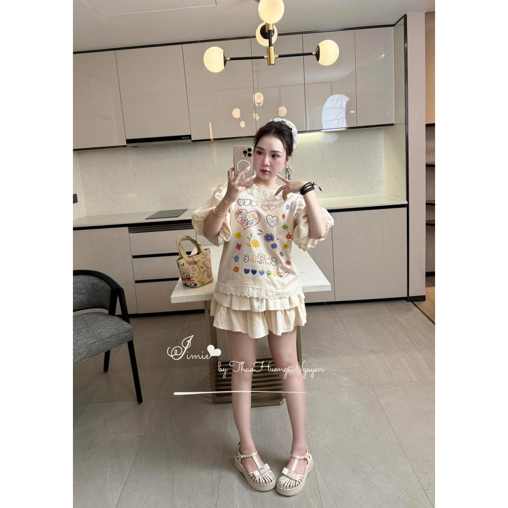 đồ bộ nữ,váy nữ babydoll áo thun bánh bèo viền cổ tay bồng phối chân váy tiểu thư màu be siêu xinh Donna hcom25309