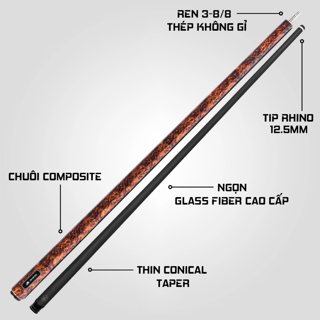 Ảnh Gậy Bida Lỗ Rhino G-W Amboyna - Ngọn Glassfiber - Chính Hãng - Tặng kèm combo phụ kiện 3