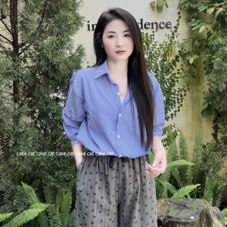 Áo Sơ Mi Dài Tay Kẻ Sọc Thêu Chữ SUNSHINE Sơ Mi Nữ Kẻ Xanh Màu Pastel Mặc Đi Chơi Đi Biển Cakecat