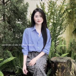Áo Sơ Mi Dài Tay Kẻ Sọc Thêu Chữ SUNSHINE Sơ Mi Nữ Kẻ Xanh Màu Pastel Mặc Đi Chơi Đi Biển Cakecat