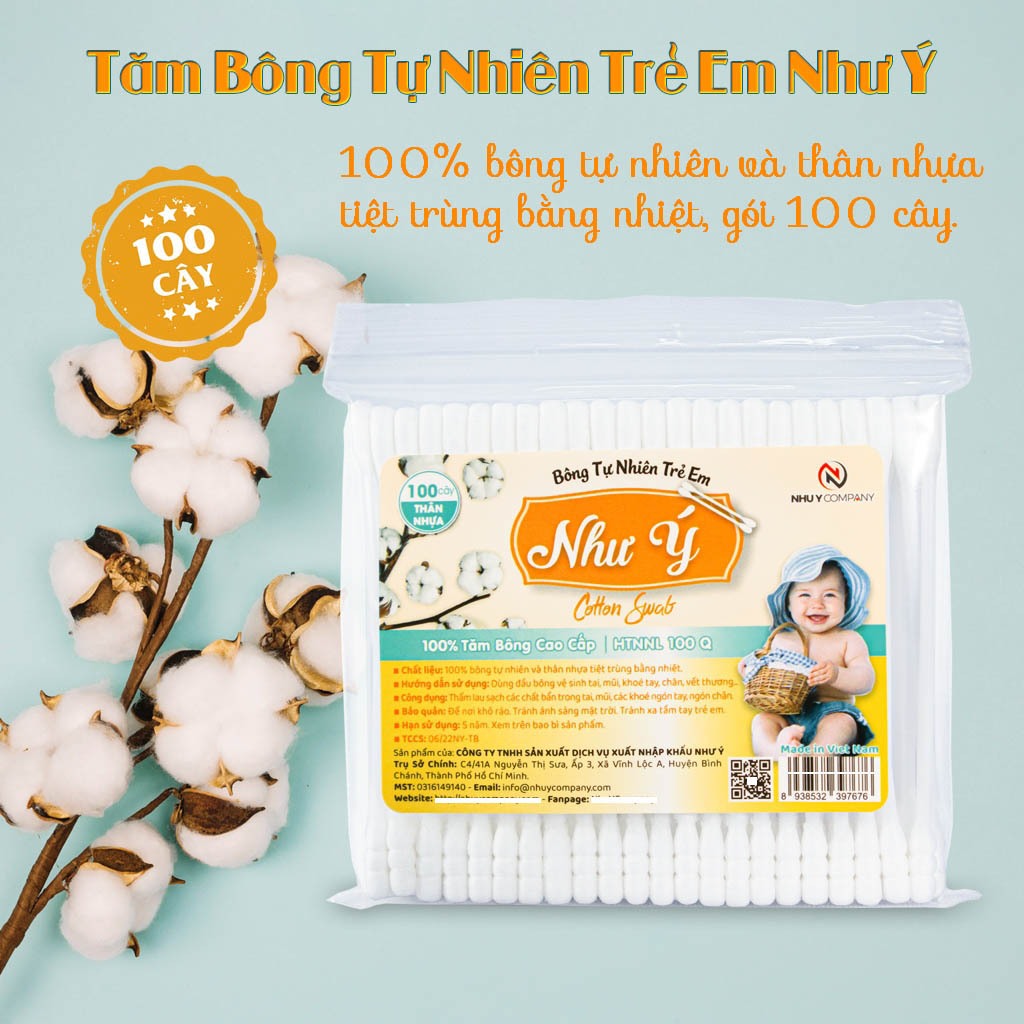 Combo 3 bịch tăm bông tự trẻ em thân nhựa Như Ý Company 100% cotton, thân nhựa - Bịch 100 cây