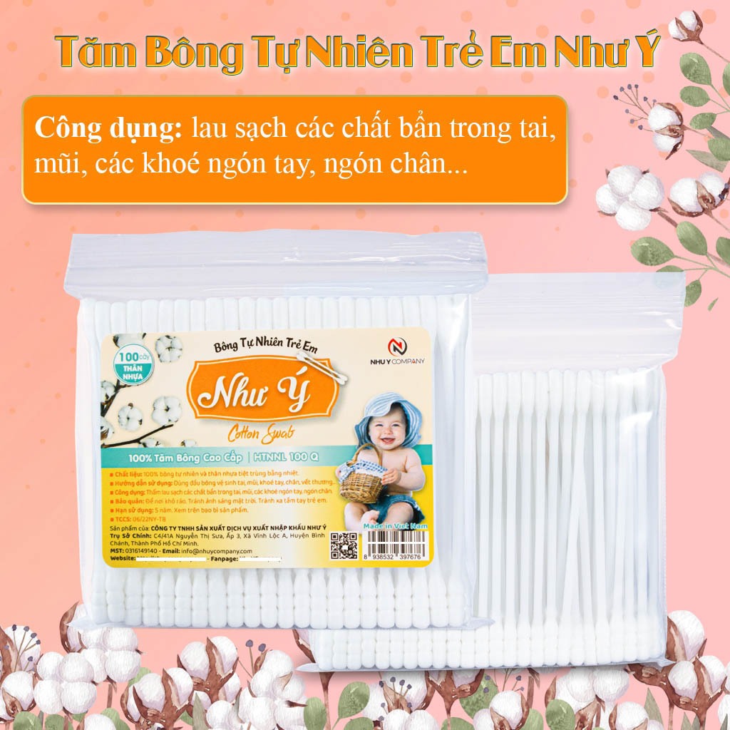 Combo 3 bịch tăm bông tự trẻ em thân nhựa Như Ý Company 100% cotton, thân nhựa - Bịch 100 cây