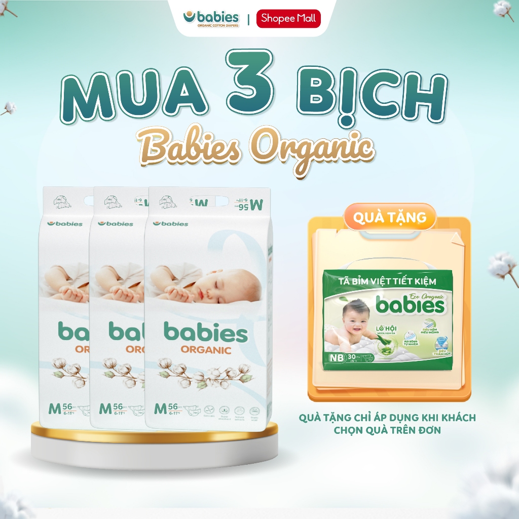 Ảnh Tã/Bỉm Babies Organic Siêu Mềm Mịn, 2mm Mỏng Thoáng, Lô Hội Ngừa Hăm Bí,Thương Hiệu Bỉm Việt - Size NB/S/M/L/XL/2XL/3XL 1