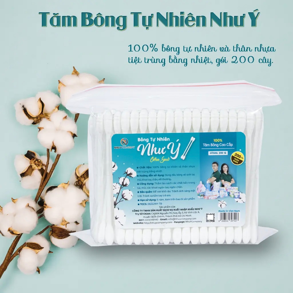 Combo 3 bịch tăm bông người lớn Như Ý Company cao cấp 100% cotton, thân nhựa - Bịch 200 cây