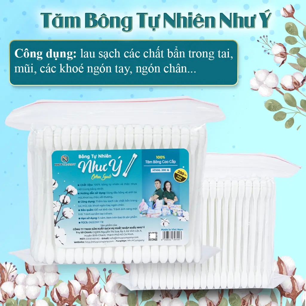 Combo 3 bịch tăm bông người lớn Như Ý Company cao cấp 100% cotton, thân nhựa - Bịch 200 cây