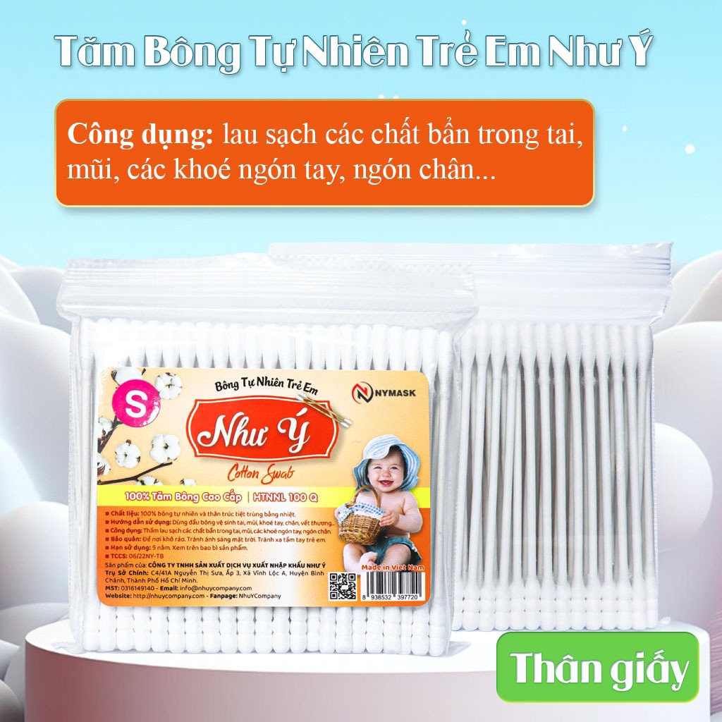 Combo 3 bịch tăm bông trẻ em Như Ý Company thân giấy - Bịch 100 cây