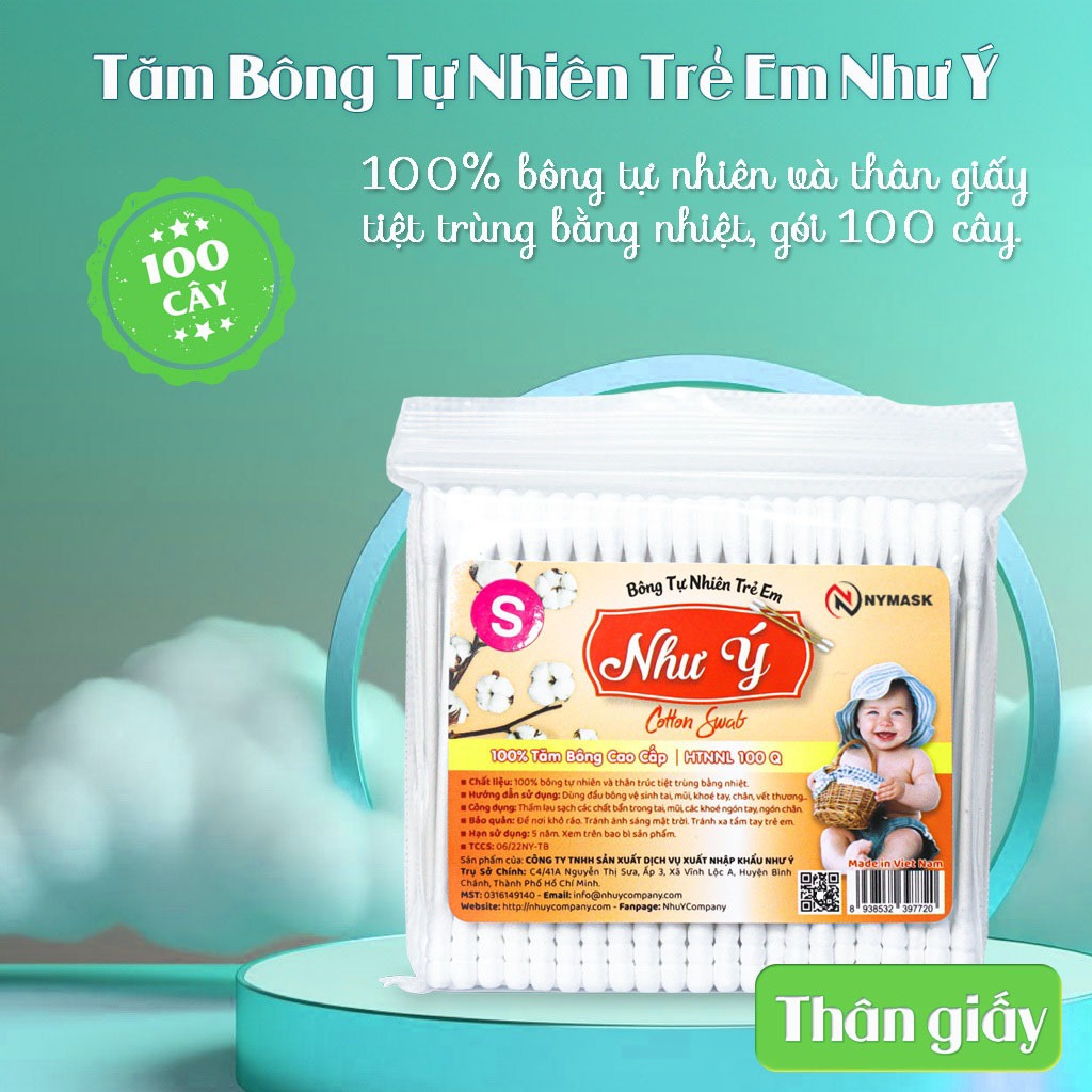 Combo 3 bịch tăm bông trẻ em Như Ý Company thân giấy - Bịch 100 cây