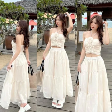 Váy maxi - Set áo váy cúp ngực dây yếm gắn hoa kèm chân váy xoè dáng dài 2 lớp