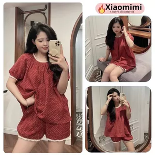 Đồ ngủ pijama cộc tay quần đùi chất đũi nền đỏ đô cách điệu viền ren nhỏ, đồ bộ nữ đồ mặc nhà cao cấp HCOM25165 Xiaomimi