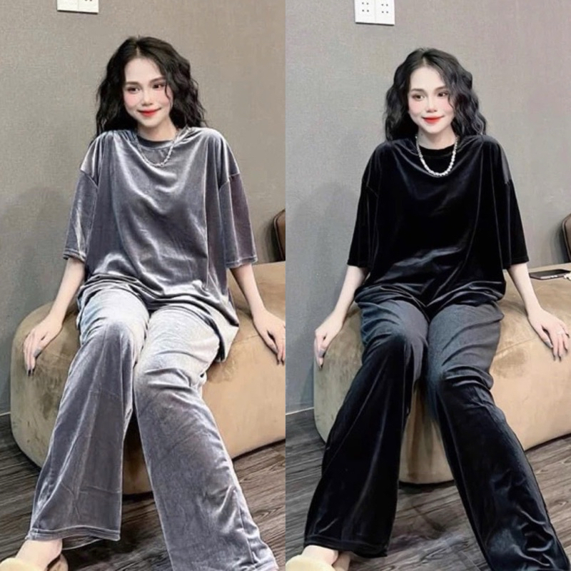 L356- Sét bộ nhung trơn form to, áo cổ tròn Freeszie, quần suông dài lưng thun, chất nhung mịn trơn