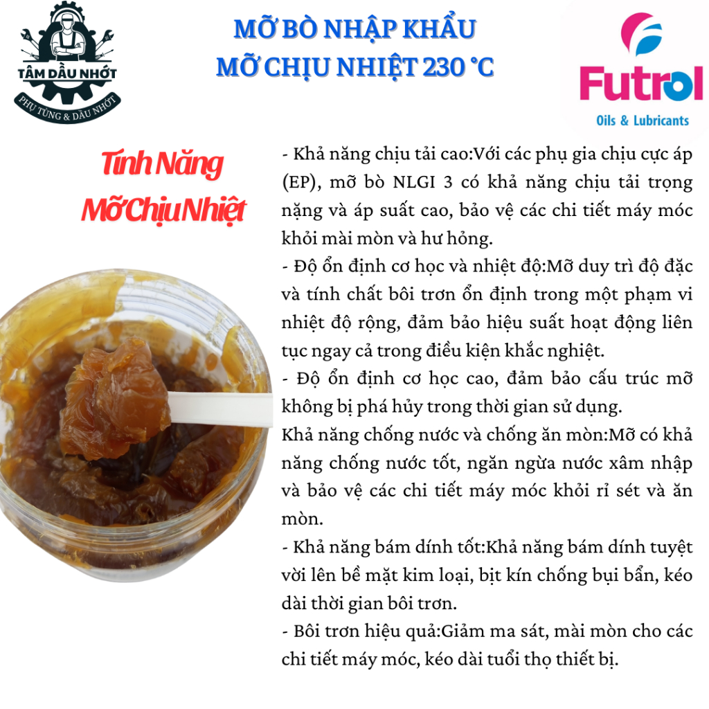 [Mỡ chịu nhiệt 230℃] Mỡ bò nhập khẩu Futrol Lithium MP3 0.5Kg, phụ gia lithium tăng cường khả năng chịu nhiệt