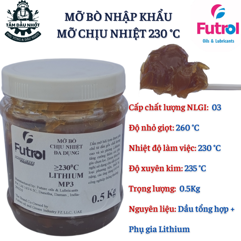 [Mỡ chịu nhiệt 230℃] Mỡ bò nhập khẩu Futrol Lithium MP3 0.5Kg, phụ gia lithium tăng cường khả năng chịu nhiệt