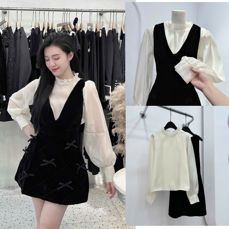 SET ÁO TƠ TAY BỒNG MIX YẾM NHUNG ĐÍNH NƠ NGỌC DÁNG SUÔNG NỮ TÍNH 008