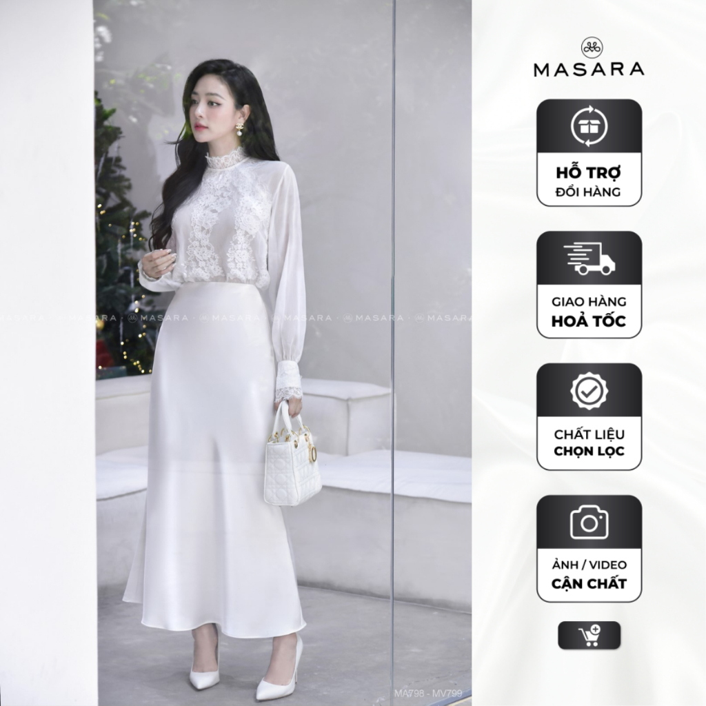 Chân váy nữ Masara form loe dài chất lụa trắng mềm mướt, có lót trong kín đáo MV799