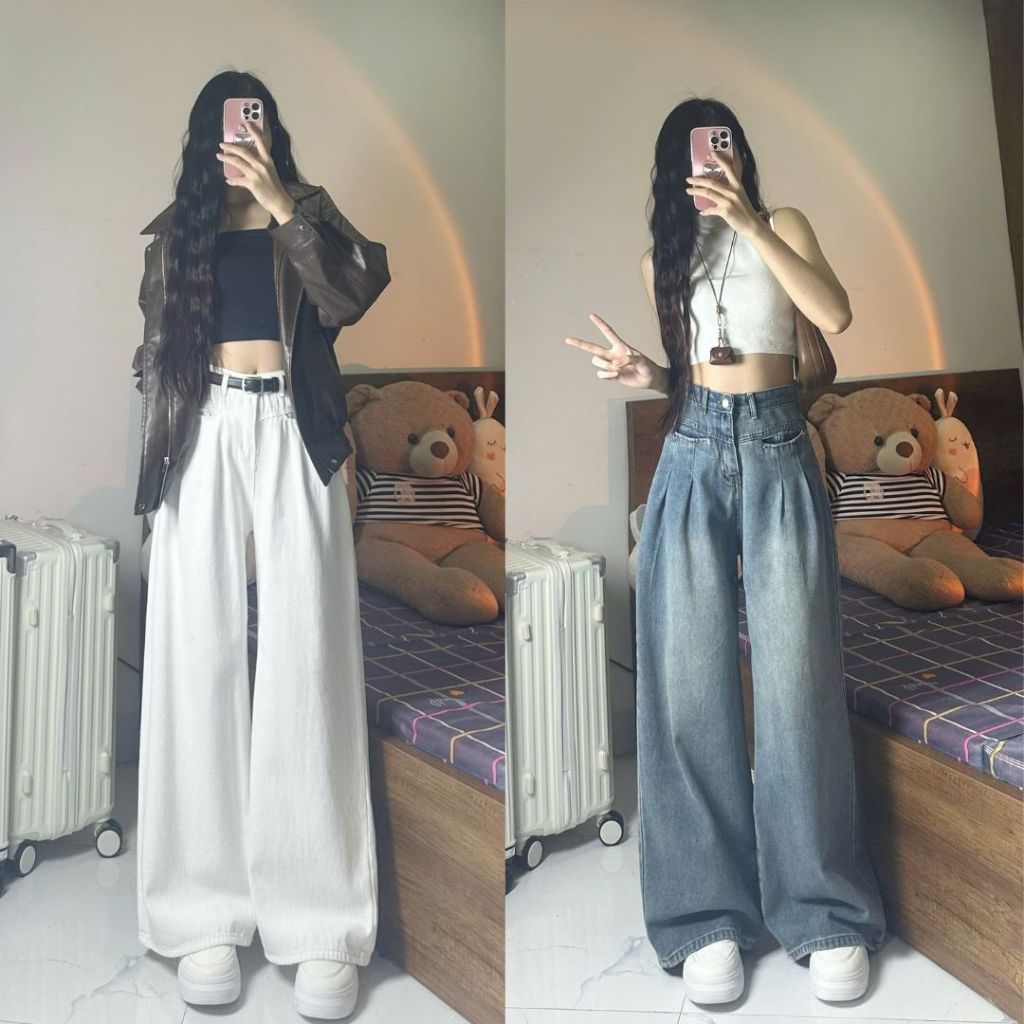 Quần Jeans Ông Suông Trơn cạp cao tôn dáng nhiều màu đi học đi làm Joolate