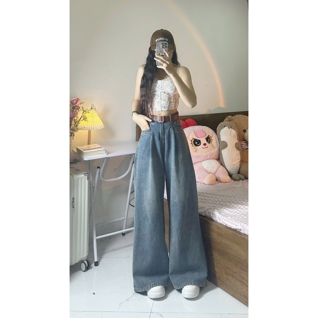 Quần jean nữ ống rộng dáng xuông Joolate cạp cao xếp ly tôn dáng