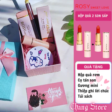 Hộp quà tặng 08/3 gồm2 son sáp Rosy tặng cọ gương hộp nơ hoa dễ thương, son kem lì trắng da bền màu không chì