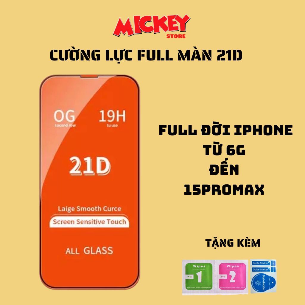 Kính cường lực full màn 21D cho IPhone 11 12 13 14 15promax pro plus x xr xsm 7/8/plus siêu mượt