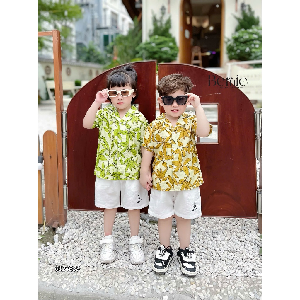 Bộ sơ mi xước in hoạ tiết khủng long phối quần đùi bé trai, bộ sơ mi đi biển cho bé