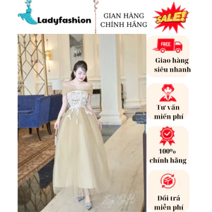 Váy tơ dáng dài trễ vai đính đá lông cao cấp ,Váy dự tiệc tơ xòe màu nâu phong cách tiểu thư New 2025