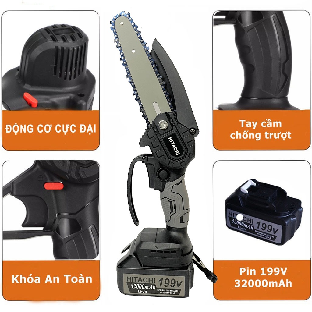 Máy cưa xích chạy pin HTC, máy cưa dùng pin cầm tay, động cơ lõi đồng, nhỏ gọn, lam xích 6 inch