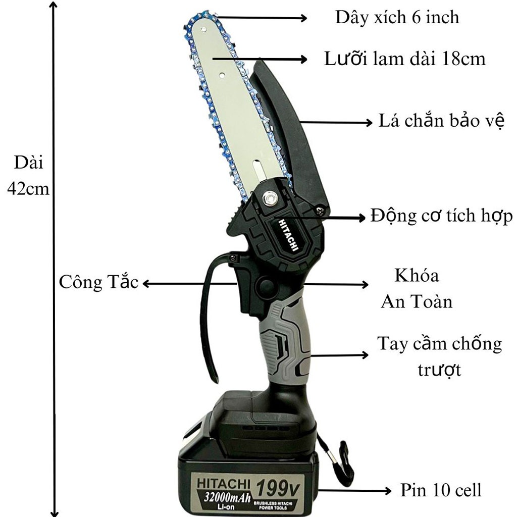 Máy cưa xích chạy pin HTC, máy cưa dùng pin cầm tay, động cơ lõi đồng, nhỏ gọn, lam xích 6 inch