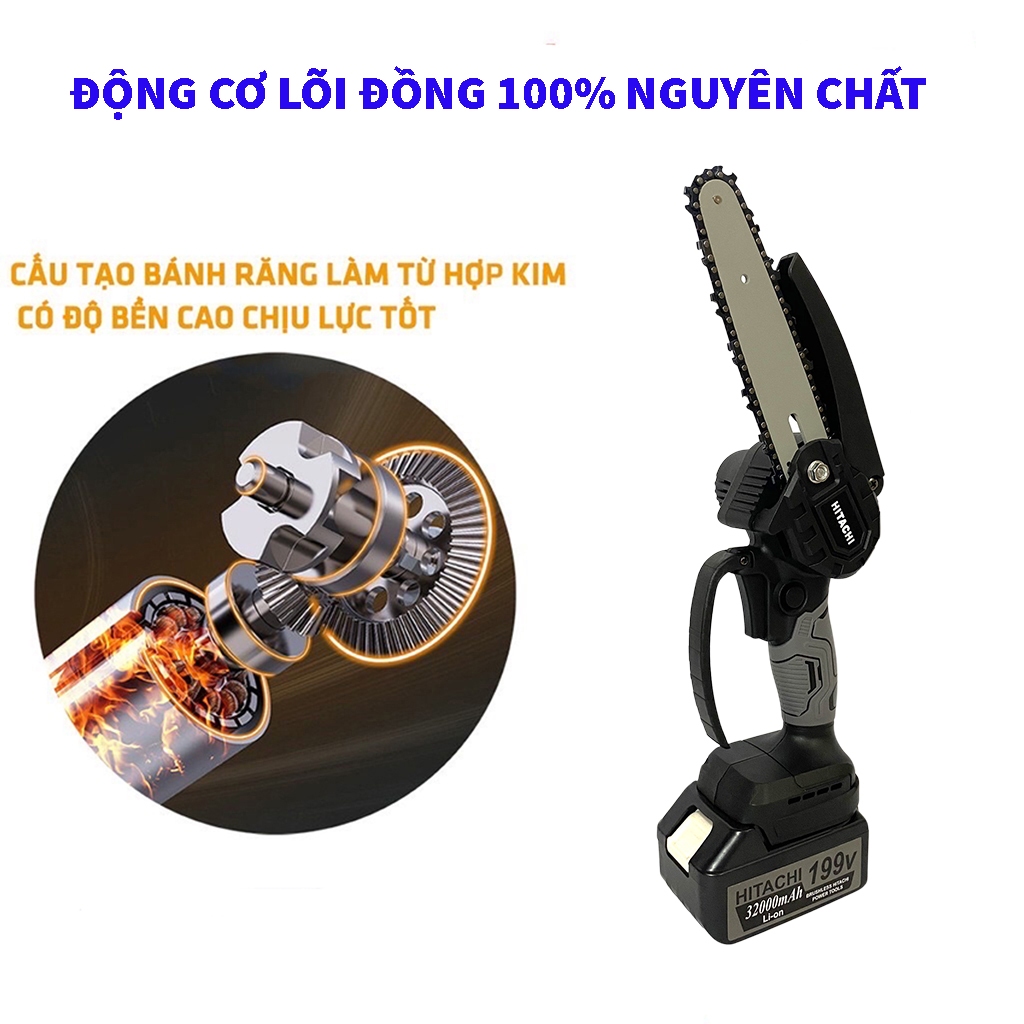 Máy cưa xích chạy pin HTC, máy cưa dùng pin cầm tay, động cơ lõi đồng, nhỏ gọn, lam xích 6 inch