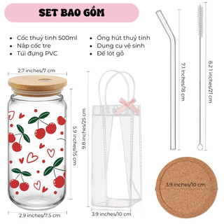 Cốc Thủy Tinh Cherry Đỏ 500ml, Ly Thủy Tinh Nắp Tre 16Oz Chịu Nhiệt Kèm Phụ Kiện, Quà Tặng Sinh Nhật