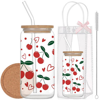 Cốc Thủy Tinh Cherry Đỏ 500ml, Ly Thủy Tinh Nắp Tre 16Oz Chịu Nhiệt Kèm Phụ Kiện, Quà Tặng Sinh Nhật