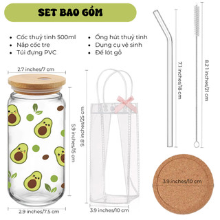 Cốc Thủy Tinh Quả Bơ Xanh 500ml, Ly Thủy Tinh 16Oz Chịu Nhiệt Kèm Phụ Kiện, Quà Tặng Sinh Nhật