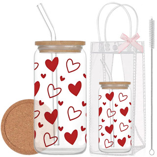 Cốc Thủy Tinh Trái Tim 500ml, Ly Thủy Tinh Nắp Tre 16Oz Chịu Nhiệt Kèm Phụ Kiện, Quà Tặng Sinh Nhật