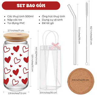 Cốc Thủy Tinh Trái Tim 500ml, Ly Thủy Tinh Nắp Tre 16Oz Chịu Nhiệt Kèm Phụ Kiện, Quà Tặng Sinh Nhật