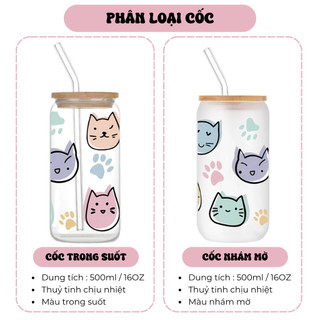 Cốc Thủy Tinh Mèo Con 500ml, Ly Thủy Tinh Nắp Tre 16Oz Chịu Nhiệt Kèm Phụ Kiện, Quà Tặng Sinh Nhật
