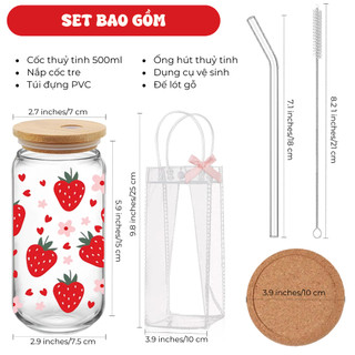 Cốc Thủy Tinh Dâu Tây Nắp Tre 500ml, Ly Thủy Tinh 16Oz Chịu Nhiệt Kèm Phụ Kiện, Quà Tặng Sinh Nhật
