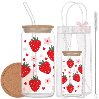Cốc Thủy Tinh Dâu Tây Nắp Tre 500ml, Ly Thủy Tinh 16Oz Chịu Nhiệt Kèm Phụ Kiện, Quà Tặng Sinh Nhật