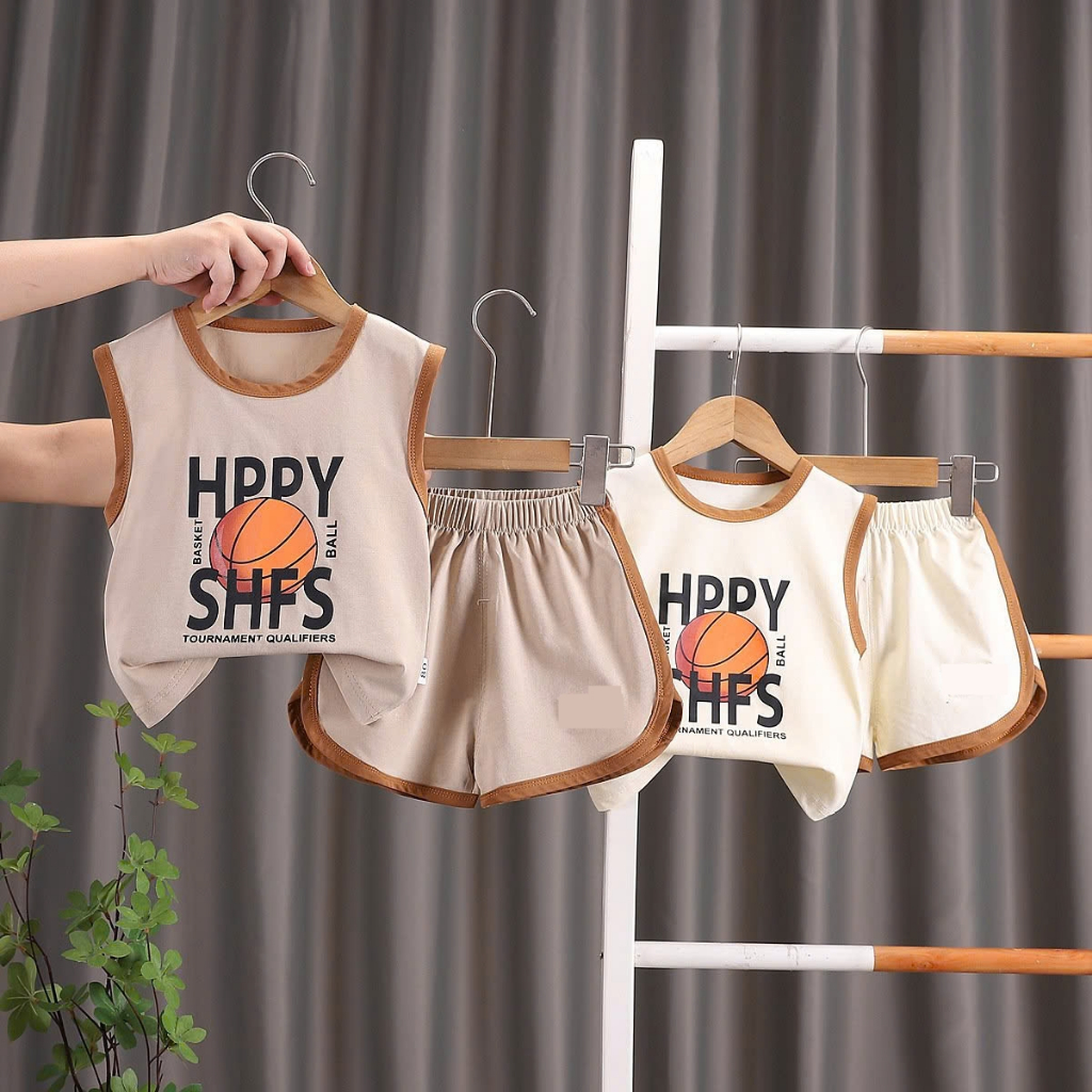 Bộ ba lỗ mùa hè chất cotton poly mềm mát in hình bóng rổ cho bé 6-18kg