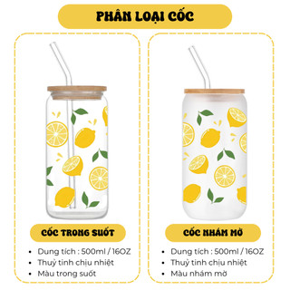 Cốc Thủy Tinh Quả Chanh 500ml, Ly Thủy Tinh Nắp Tre 16Oz Chịu Nhiệt Kèm Phụ Kiện, Quà Tặng Sinh Nhật