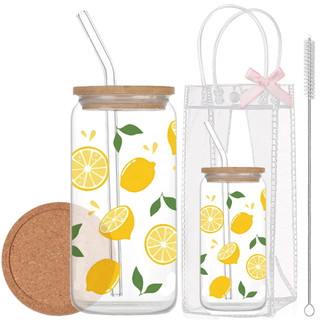 Cốc Thủy Tinh Quả Chanh 500ml, Ly Thủy Tinh Nắp Tre 16Oz Chịu Nhiệt Kèm Phụ Kiện, Quà Tặng Sinh Nhật