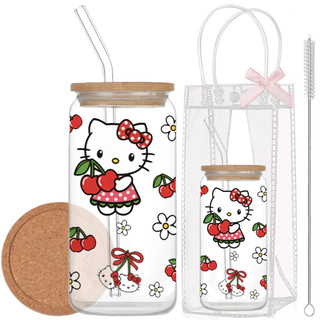 Cốc Thủy Tinh Mèo HK 500ml, Ly Thủy Tinh Nắp Tre 16Oz Chịu Nhiệt Kèm Phụ Kiện, Quà Tặng Sinh Nhật