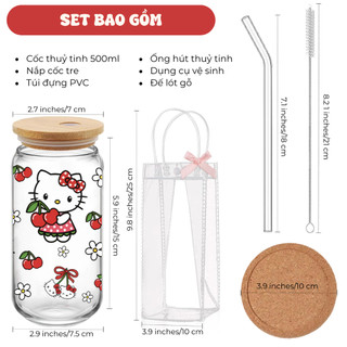 Cốc Thủy Tinh Mèo HK 500ml, Ly Thủy Tinh Nắp Tre 16Oz Chịu Nhiệt Kèm Phụ Kiện, Quà Tặng Sinh Nhật