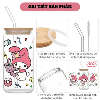 Cốc Thủy Tinh Thỏ Hồng 500ml, Ly Thủy Tinh Nắp Tre 16Oz Chịu Nhiệt Kèm Phụ Kiện, Quà Tặng Sinh Nhật