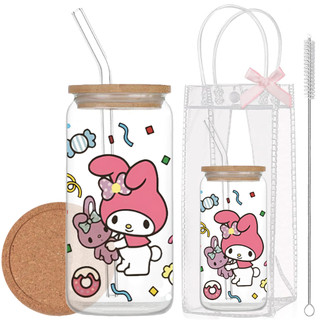 Cốc Thủy Tinh Thỏ Hồng 500ml, Ly Thủy Tinh Nắp Tre 16Oz Chịu Nhiệt Kèm Phụ Kiện, Quà Tặng Sinh Nhật