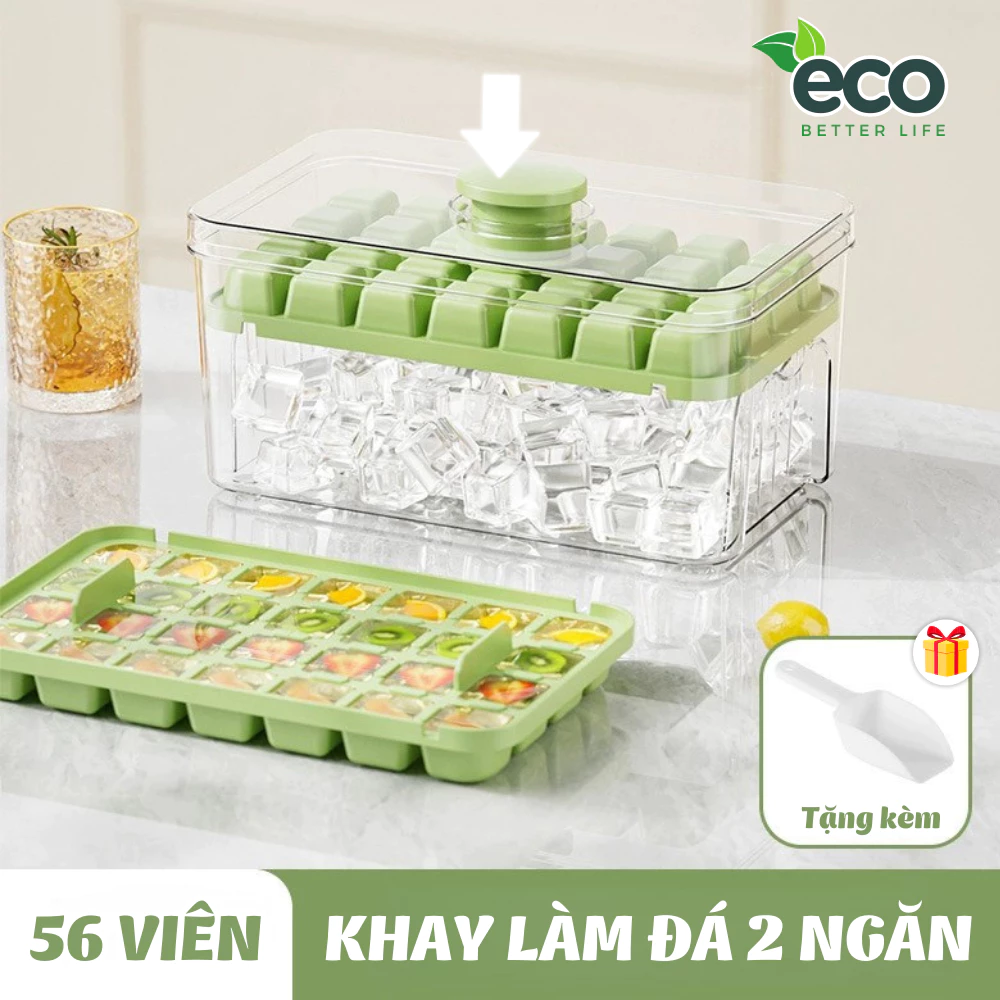 Hộp khay làm đá thông minh ECO nhấn nút lấy đá dễ dàng, Khay đá 56 viên 2 tầng tiện lợi thông minh