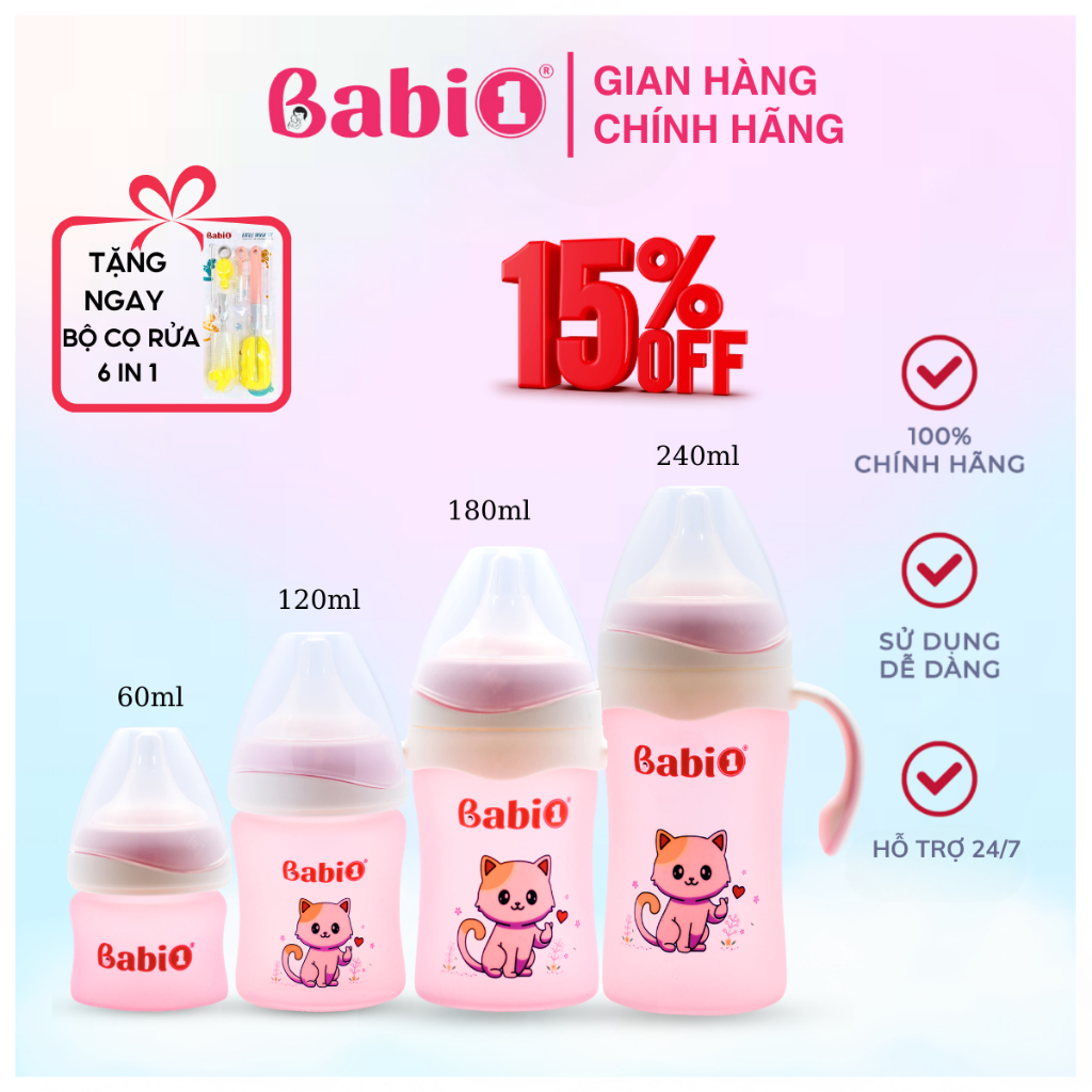 Combo 2 Bình Sữa Thủy Tinh Cho Bé Babi1 Cảm Biến Nhiệt Báo Nóng, Bọc Tráng Silicone Chống Vỡ Kèm Quà