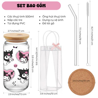 Cốc Thủy Tinh Thỏ Đen 500ml, Ly Thủy Tinh Nắp Tre 16Oz Chịu Nhiệt Kèm Phụ Kiện, Quà Tặng Sinh Nhật